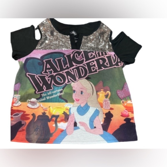 Tops - Disney parks Alice in Wonderland cold shoulder sequin embellished  T shirt